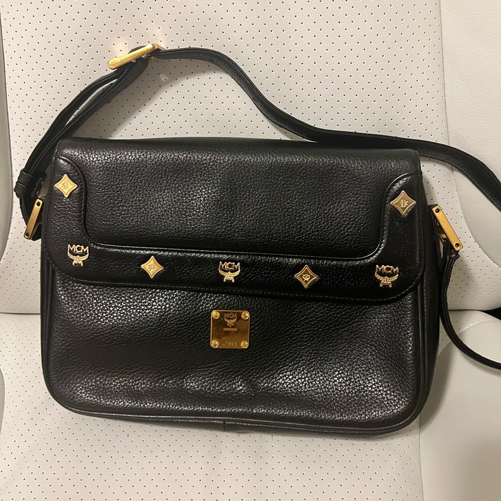 MCM Germany Black Leather Shoulder Bag with gold accents